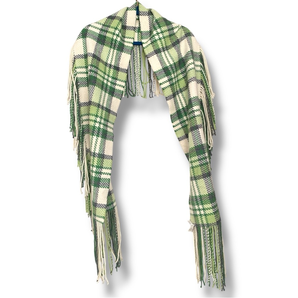 Banana Republic Vintage Green Checkered Fringe Hem Cashmere Lambswool Scarf Shaw